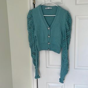 Zara Cropped Blue Knit Cardigan